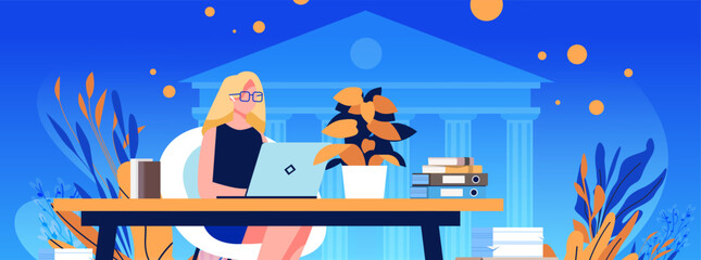 Woman working laptop office desk government building background modern workplace plants books blue orange color scheme web banner