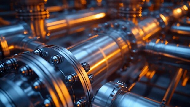 Intricate Industrial Piping System with Glowing Warm and Cool Tones.