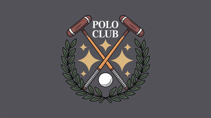 Elegant polo club emblem design featuring crossed mallets, polo ball, and laurel wreath for sophisticated branding and upscale sporting events