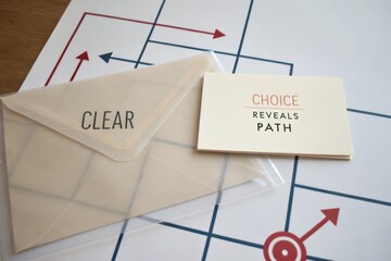 Transparent envelope and message card lying on a diagram of decision paths