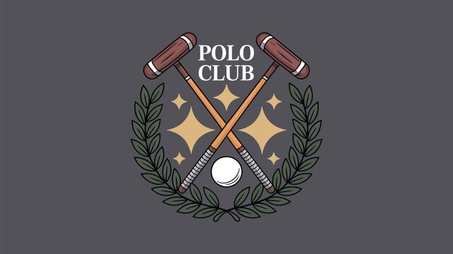 Elegant polo club emblem design featuring crossed mallets, polo ball, and laurel wreath for sophisticated branding and upscale sporting events