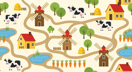 Cartoon Farm Landscape with Cows, Windmills, Houses, and Ponds.