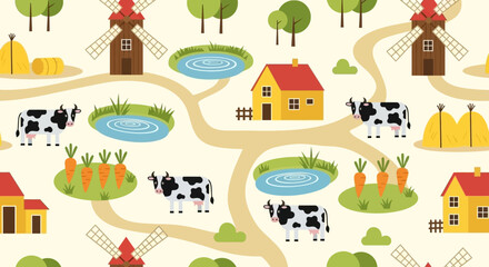 Fototapeta premium Farm Scene with Cows, Windmills, Houses, and Ponds.