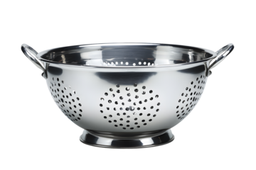 Stainless steel colander with perforated holes, isolated on transparent background