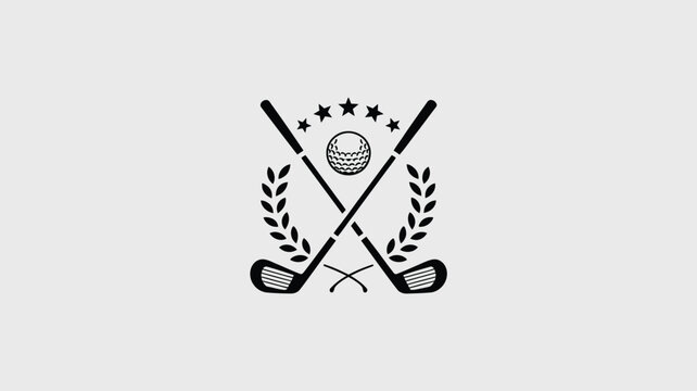 Elegant golf logo design for sports branding and professional tournaments, featuring crossed clubs, laurel wreath, golf ball and stars for winning design