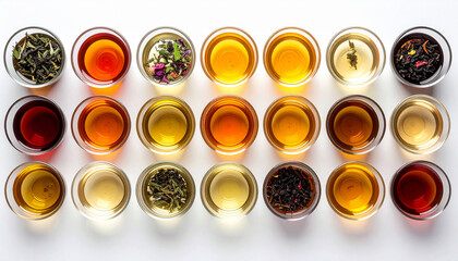 Top view of assorted herbal and adaptogen teas in glass cups showing vibrant natural colors, symbolizing wellness, balance, and healthy living in a clean minimalist presentation