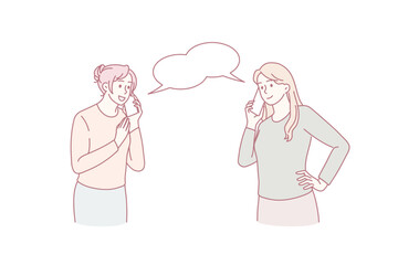 Happy women talk chat on smartphone gadget, enjoy pleasant conversation. Smiling girls speak on cellphone call online. Communication, technology concept. Vector illustration, cartoon character.