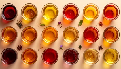 Top view of assorted herbal and adaptogen teas in glass cups showing vibrant natural colors, symbolizing wellness, balance, and healthy living in a clean minimalist presentation