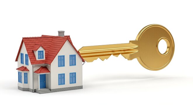 A miniature house with a red roof is being unlocked by a large, golden key on a white background, symbolizing home ownership. - Powered by Adobe