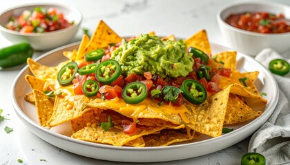 Crispy nachos topped with melted cheese, guacamole, jalapeño slices, and fresh salsa — a colorful, flavorful snack perfect for sharing and celebrating Mexican cuisine.