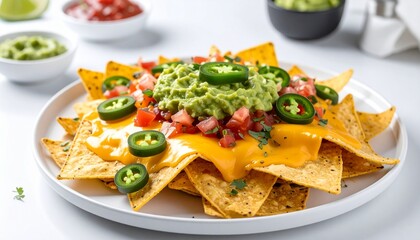 Crispy nachos topped with melted cheese, guacamole, jalapeño slices, and fresh salsa — a colorful, flavorful snack perfect for sharing and celebrating Mexican cuisine.
