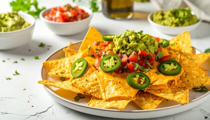 Crispy nachos topped with melted cheese, guacamole, jalapeño slices, and fresh salsa — a colorful, flavorful snack perfect for sharing and celebrating Mexican cuisine.