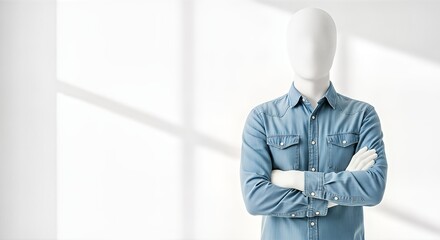 A white mannequin wearing a blue denim shirt stands with arms crossed in front of a blurred white background with window light.