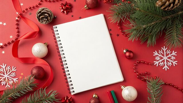 Holiday Planning Mockup with White Paper Sheet and Decorations on Red Background - 9
