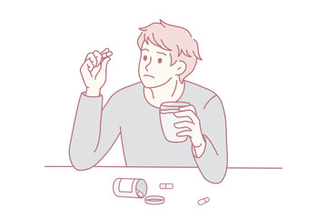 Confused young man doubt about taking antidepressant pills suffer from mental or psychological illness. Doubtful male consider about medication treatment. Healthcare. Vector illustration.
