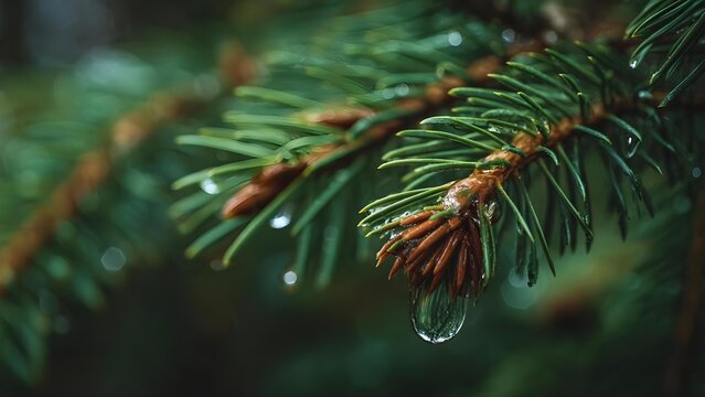 Close-up of pine needles with a water drop hanging from a brown cone scale on a green, blurred background. Concept Macro Nature, Pine Needles, Water Droplets, Cone Scale, Green Bokeh