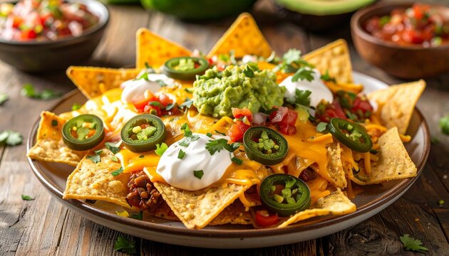 A vibrant plate of loaded nachos topped with melted cheese, jalape&ntilde;os, guacamole, sour cream, salsa, and fresh cilantro, served on a rustic wooden table