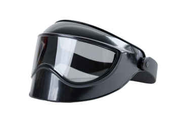 Black welding mask with reflective visor, isolated on transparent background