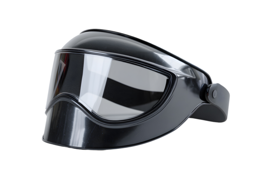 Black welding mask with reflective visor, isolated on transparent background