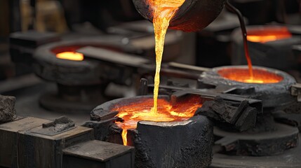 Molten Metal Pouring into Molds in Foundry Workshop Under Warm Industrial Lighting