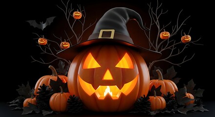 A carved jack-o'-lantern with a menacing face glowing with an orange light from within, set against a white background.