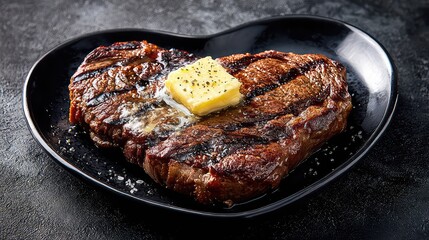 Juicy grilled steak with melting butter served on a heart-shaped black plate, garnished with coarse salt and black pepper