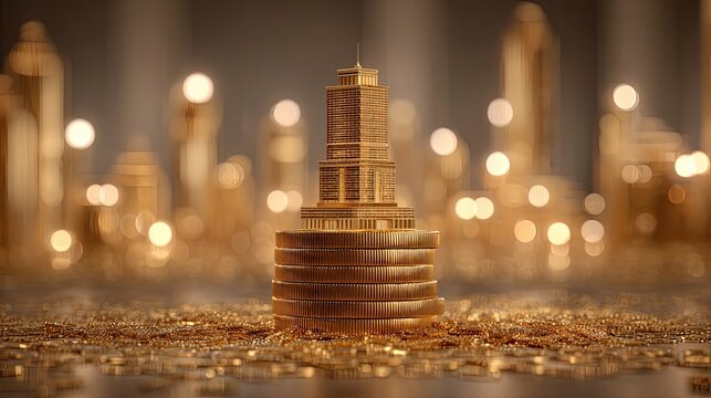 Golden skyscraper model surrounded by shimmering coins and blurred cityscape background in a soft bokeh style