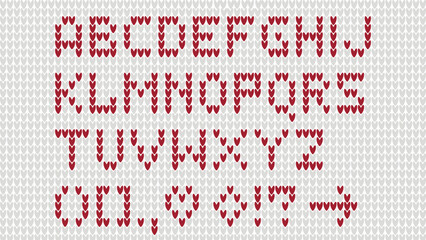 Knitted alphabet. Latin capital letters crocheted with red thread stitches. Cozy Christmas holiday font, vector graphic.
