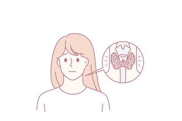 Unhappy sick woman have problems with gland or trachea suffer from painful feeling. Unhealthy girl with closeup picture of larynx body organ. Healthcare concept. Anatomy. Vector illustration.