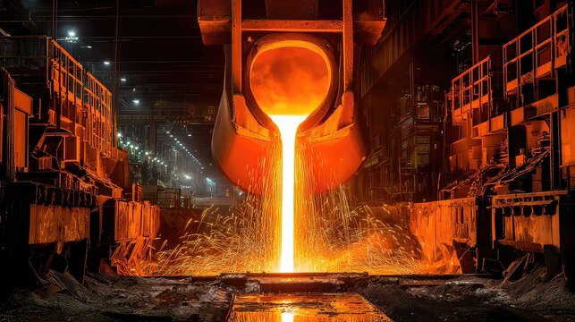 Molten Metal Pouring from a Ladle in a Heavy Industrial Foundry at Night with Sparks Flying in a Dramatic Scene - Powered by Adobe