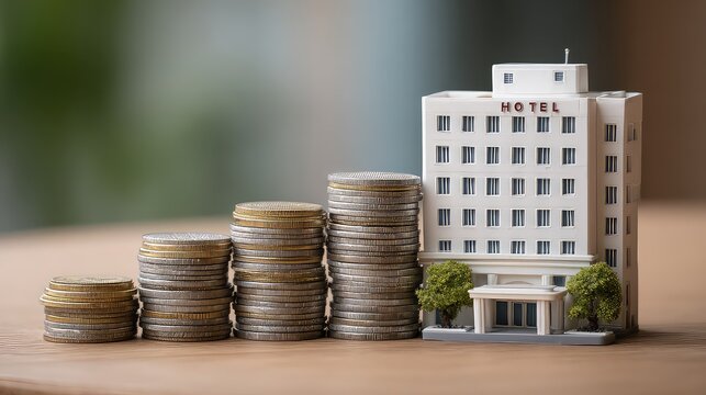 Hotel Investment Concept with Stacked Coins and Model Building for Financial Growth in Hospitality Industry
