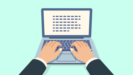 Flat vector illustration of hands typing on a laptop with text displayed on the screen. Perfect for concepts related to work, business, writing, online learning, communication, or digital productivity
