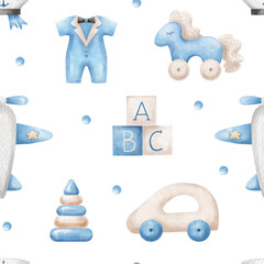 Cute watercolor boyish pattern with watercolor images of toys. Seamless background with toy horse, wooden car, airplane, boyish clothes.