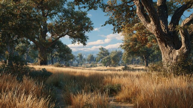 Autumn's radiance: a morning of magic in the meadow. Genuine view. Golden meadow glow: subtle mist and trees at dawn. Real life. Real moment.