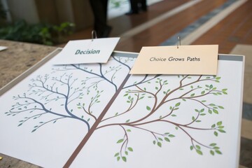 Strategic branching tree diagram with decision and choice labels on a table