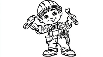 Happy child builder holding tools and smiling in playful construction outfit