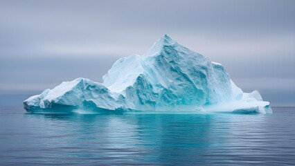 A massive blue iceberg floats on a calm sea under a cloudy gray sky. Concept Arctic iceberg, Calm polar sea, Overcast gray sky, Blue ice mass, Majestic polar landscape