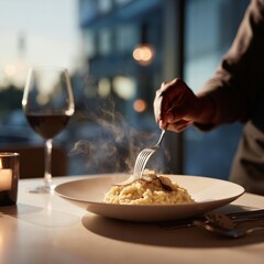 A plate of risotto and a glass of wine on a table