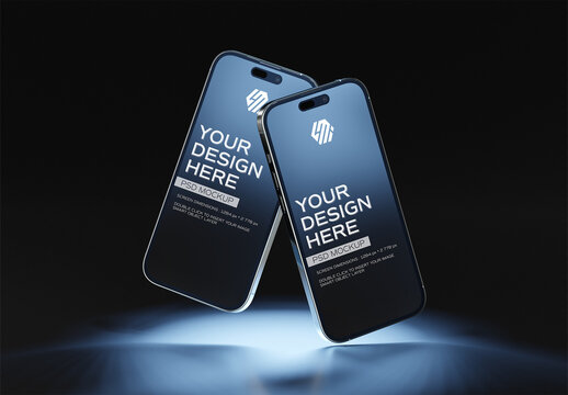 Two Mobile Phones On Black With Back Lighting Mockup