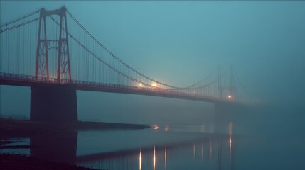 Naklejka premium Fog envelops a bridge at dawn, creating a mysterious atmosphere over the water's edge