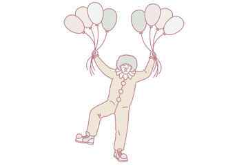 Children entertainment professions during work concept. Young man clown with red nose in costume standing holding heap of colorful balloons vector illustration