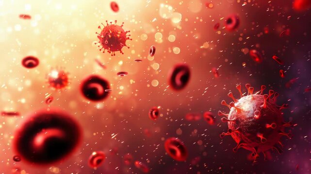 close up of a red and blue virus with red blood cells surrounding it. The red blood cells are scattered throughout the image, with some closer to the virus and others further away