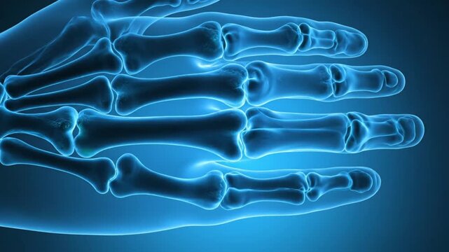 Close up of a glowing blue x ray of a human hand showing bones and joints in detail.