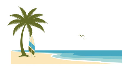 Obraz premium Tropical beach scene with palm tree and surfboard illustration