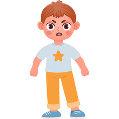 Angry Cartoon Boy With Brown Hair Wearing Blue T Shirt With Orange Star And Orange Pants And Blue Shoes Expressing Frustration On Transparent Background