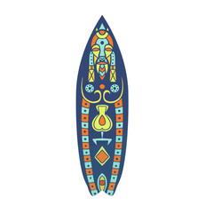 Artistic surfboard illustration with tribal mask design in vibrant blue orange yellow and teal colors on a clean white background