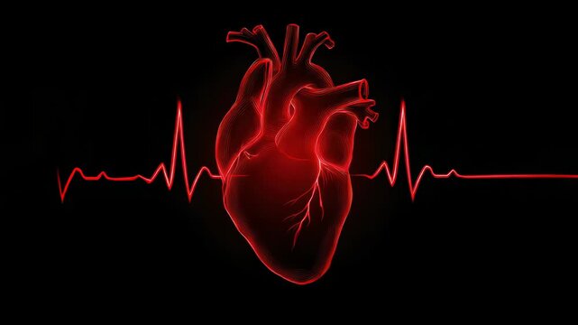 human heart shape with red cardio pulse line. Creative stylized red heart cardiogram with human heart on black background. Health, cardiology, cardiovascular diseases