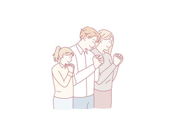 Young family with child keep hands in prayer have religious superstitious time in church. Parents with small kid pray to God in chapel. Worship and religion. Faith concept. Flat vector illustration.