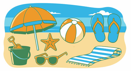 Fototapeta premium Cartoon Beach Scene Illustration with Summer Vacation Items