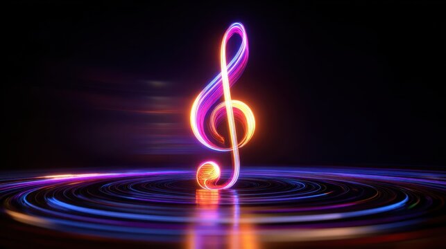 Colorful music treble clef glowing in a dark background with swirling lights